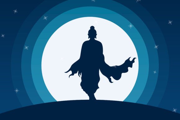 Designing Serenity: The Versatility of Buddha Walking Front of Moon Vector Art